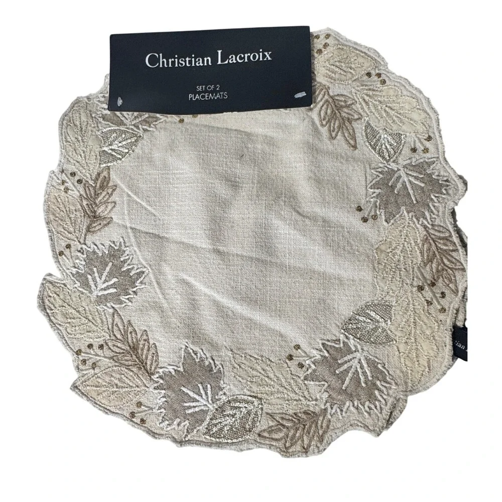 Christian Lacroix Set of 2 Round Placemats Beige Gold Embroidered Leaf Cotton